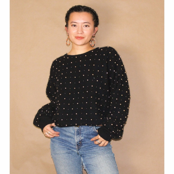 Vintage Sweaters - vtg 90s lambs wool black beaded sweater